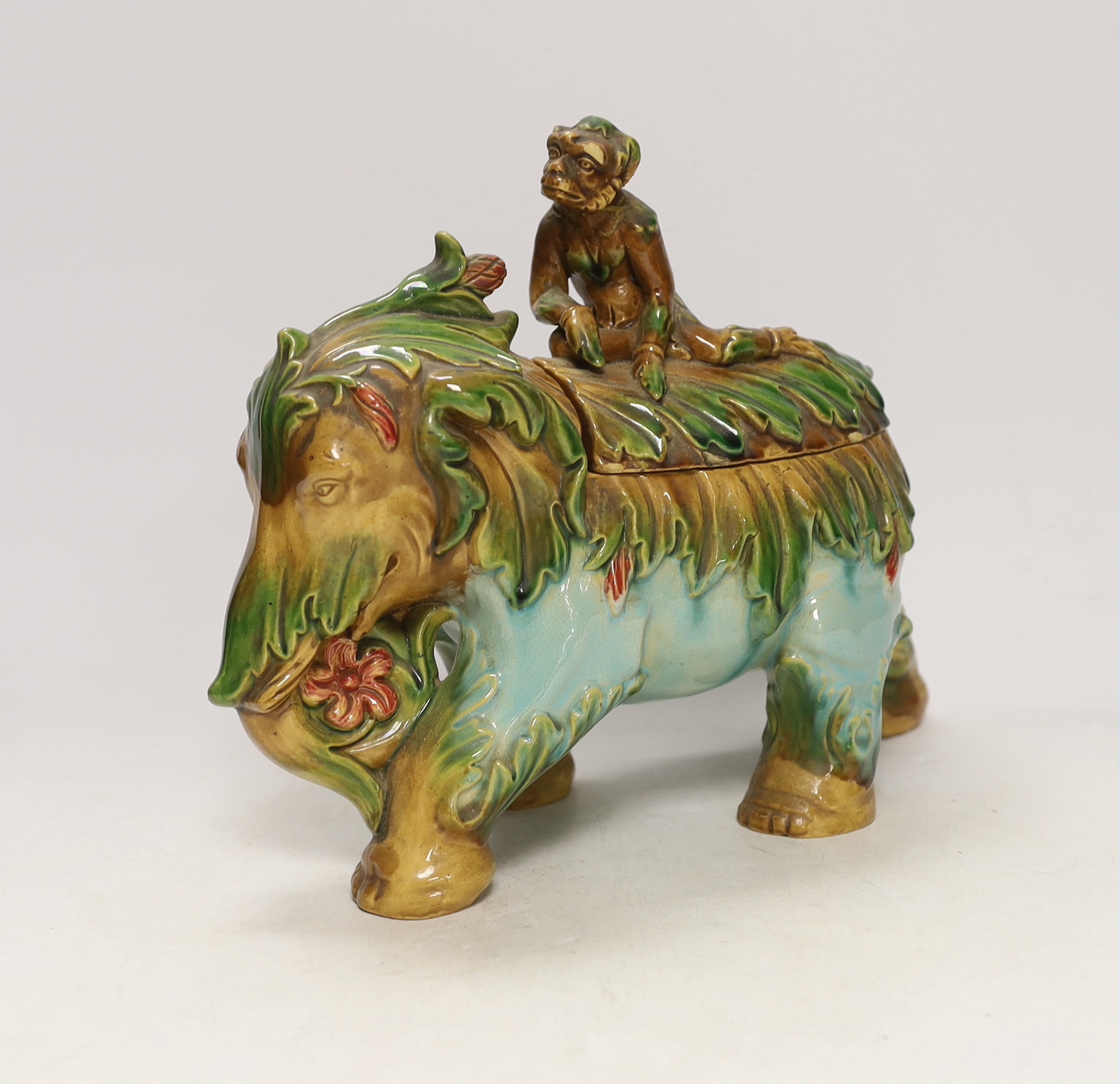 A Continental Majolica elephant & monkey tureen and cover, late 19th century, 28cm wide